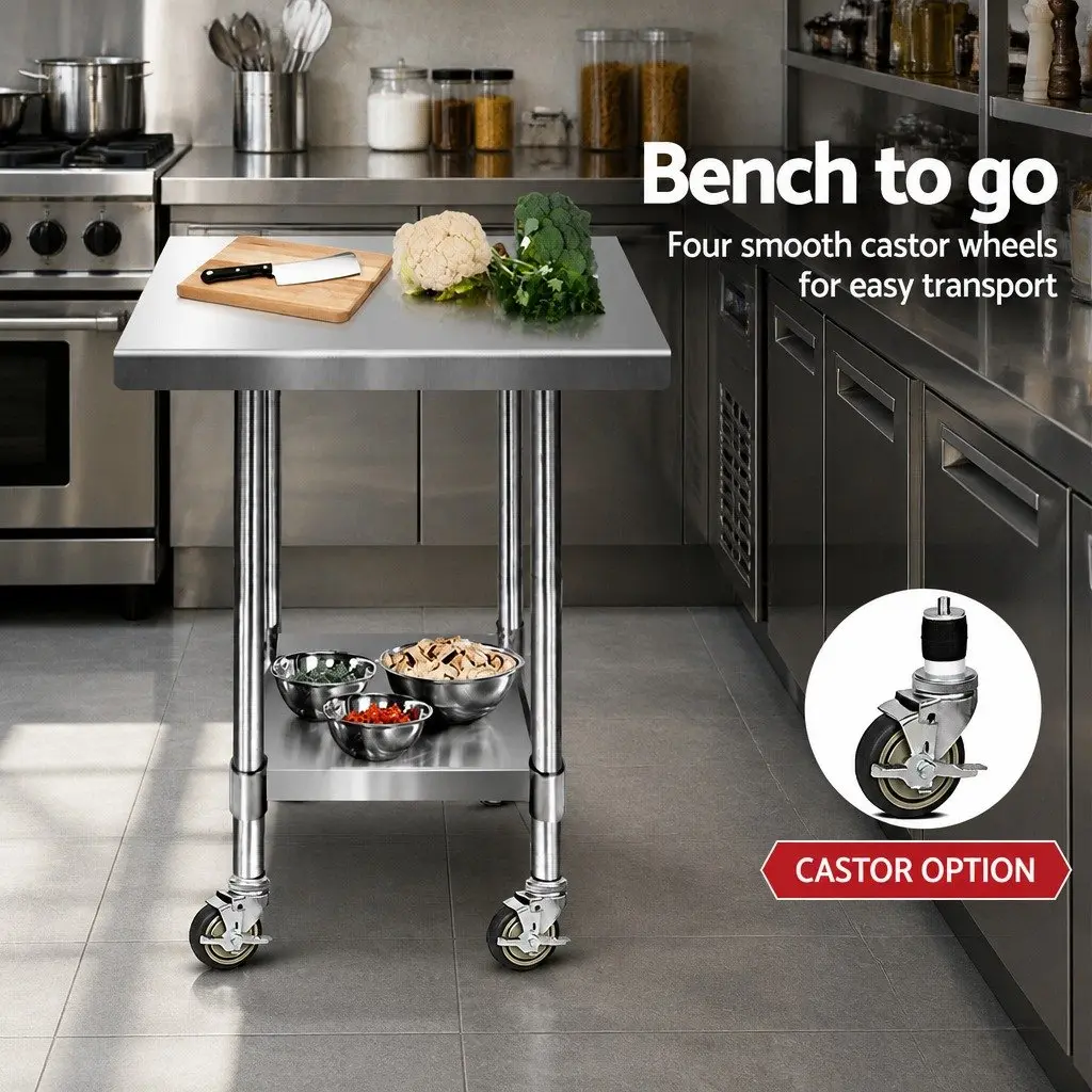 Stainless Steel Kitchen Work Bench Silver 760x760mm with Castor Wheels and Storage Shelf