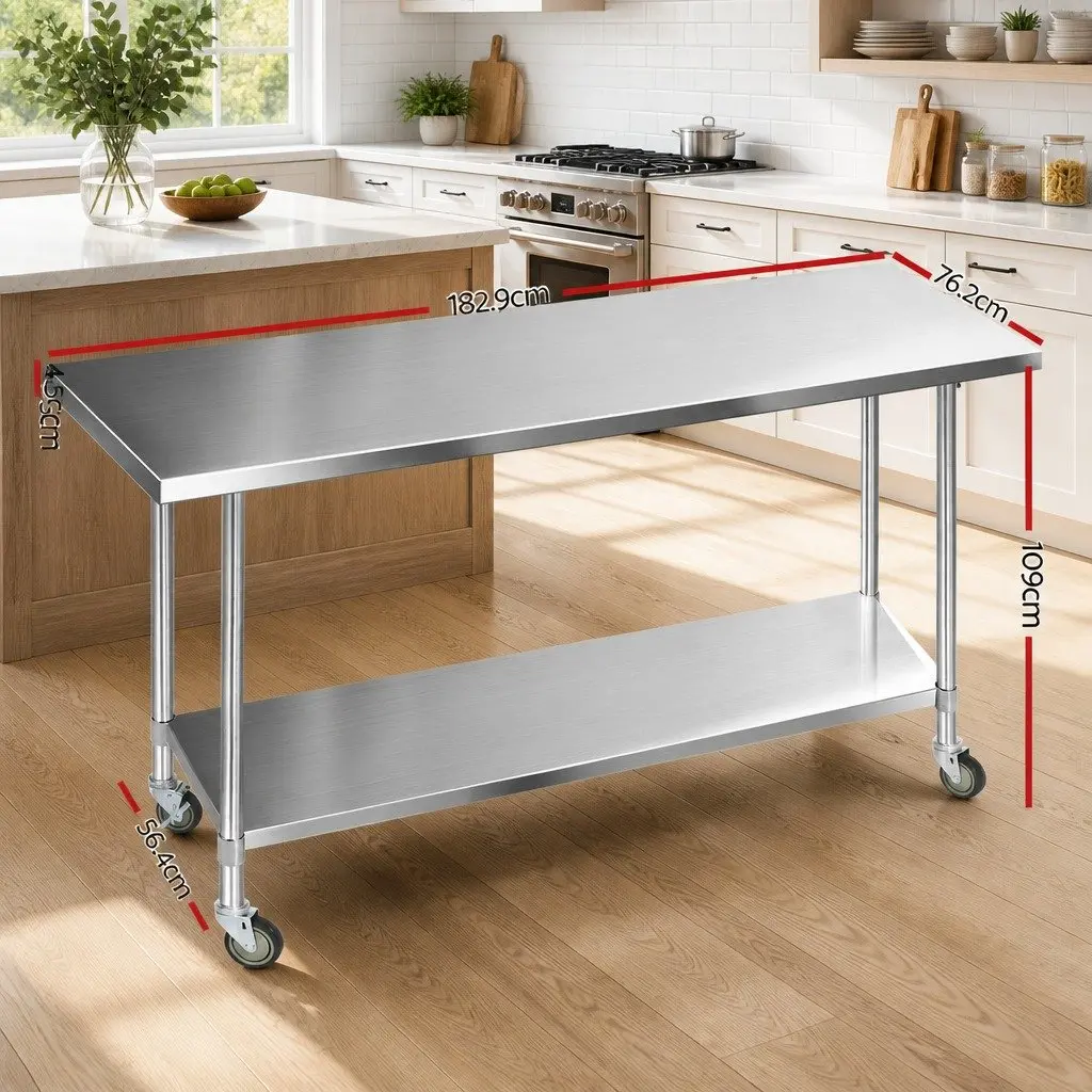 Stainless Steel Kitchen Work Bench Adjustable 1829x760mm with Castor Wheels and Storage Shelf