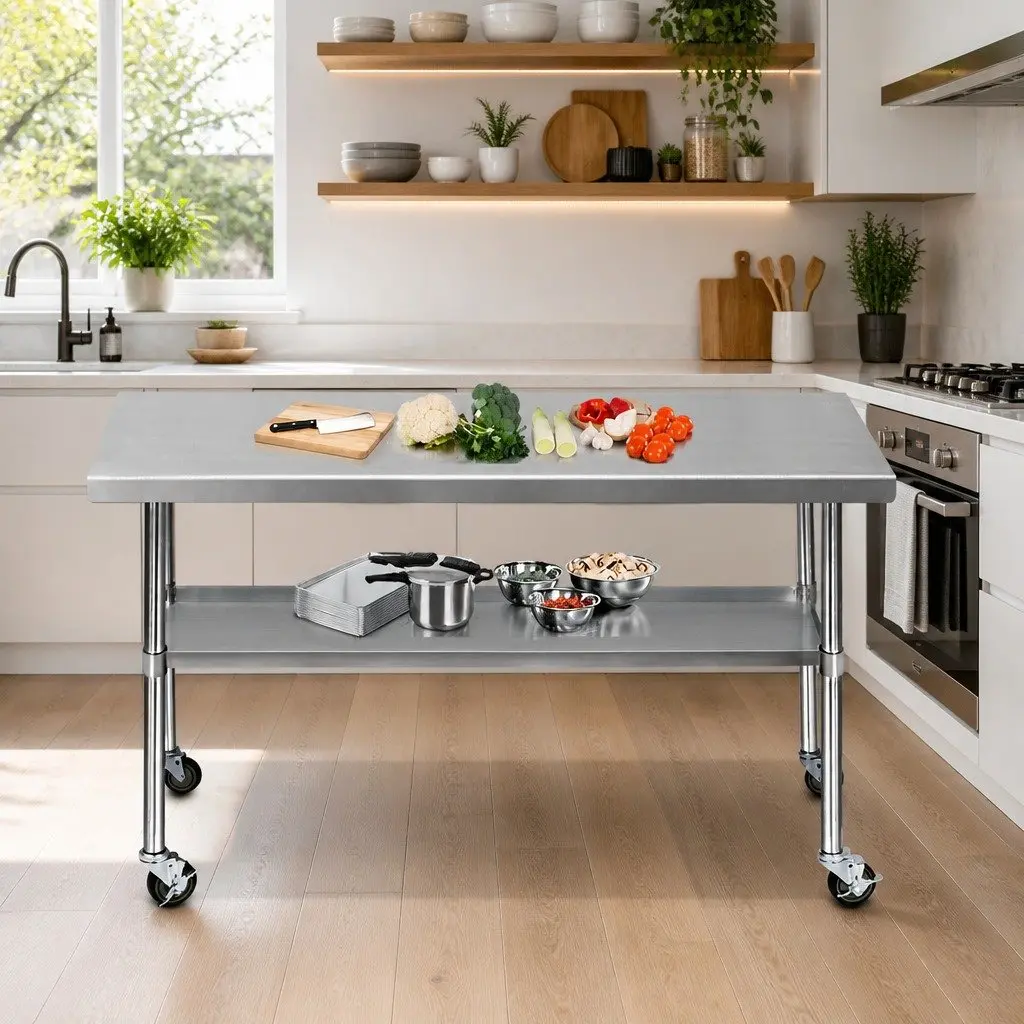 Stainless Steel Kitchen Work Bench Adjustable 1829x760mm with Castor Wheels and Storage Shelf