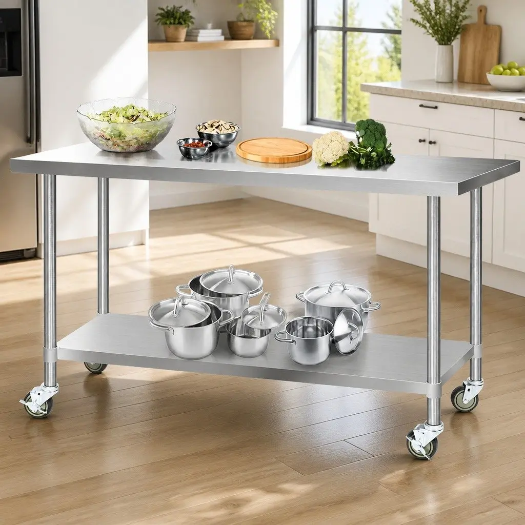 Stainless Steel Kitchen Work Bench Adjustable 1829x760mm with Castor Wheels and Storage Shelf