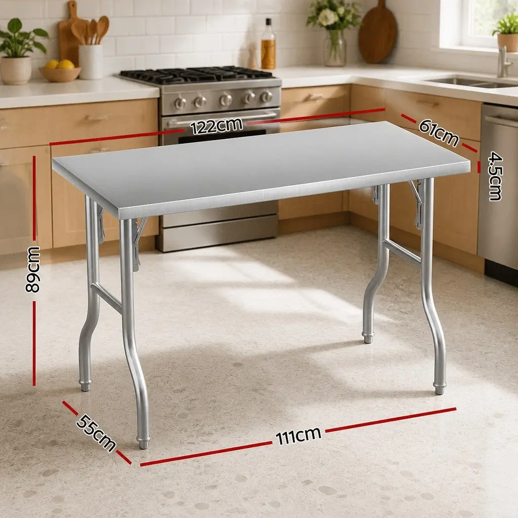 Stainless Steel Work Bench Silver Foldable Adjustable Feet Kitchen Food Prep Table