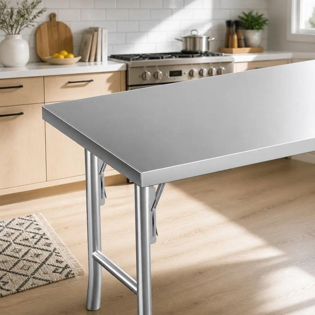 Stainless Steel Work Bench Silver Foldable Adjustable Feet Kitchen Food Prep Table