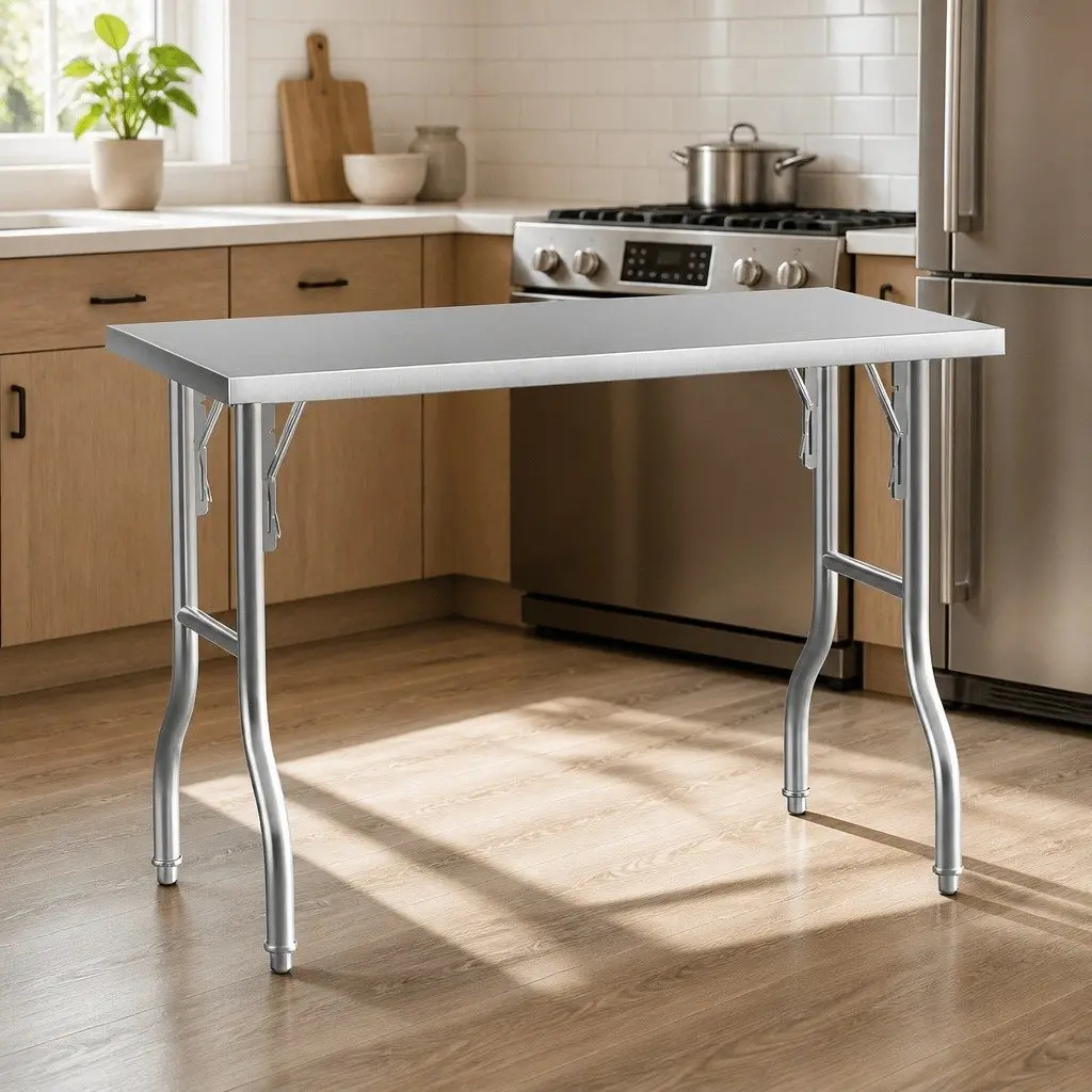 Stainless Steel Work Bench Silver Foldable Adjustable Feet Kitchen Food Prep Table