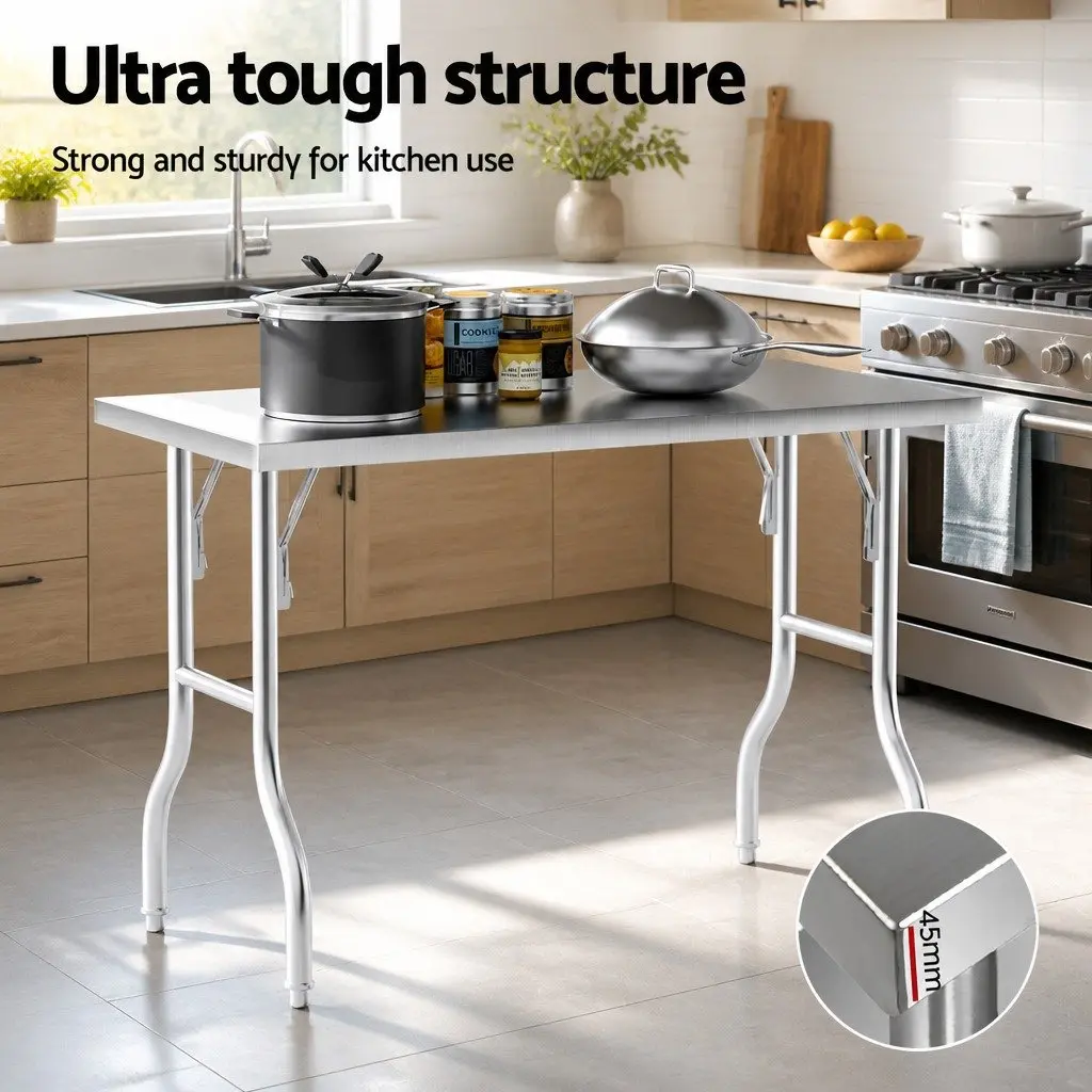 Stainless Steel Work Bench Silver Foldable Adjustable Feet Kitchen Food Prep Table