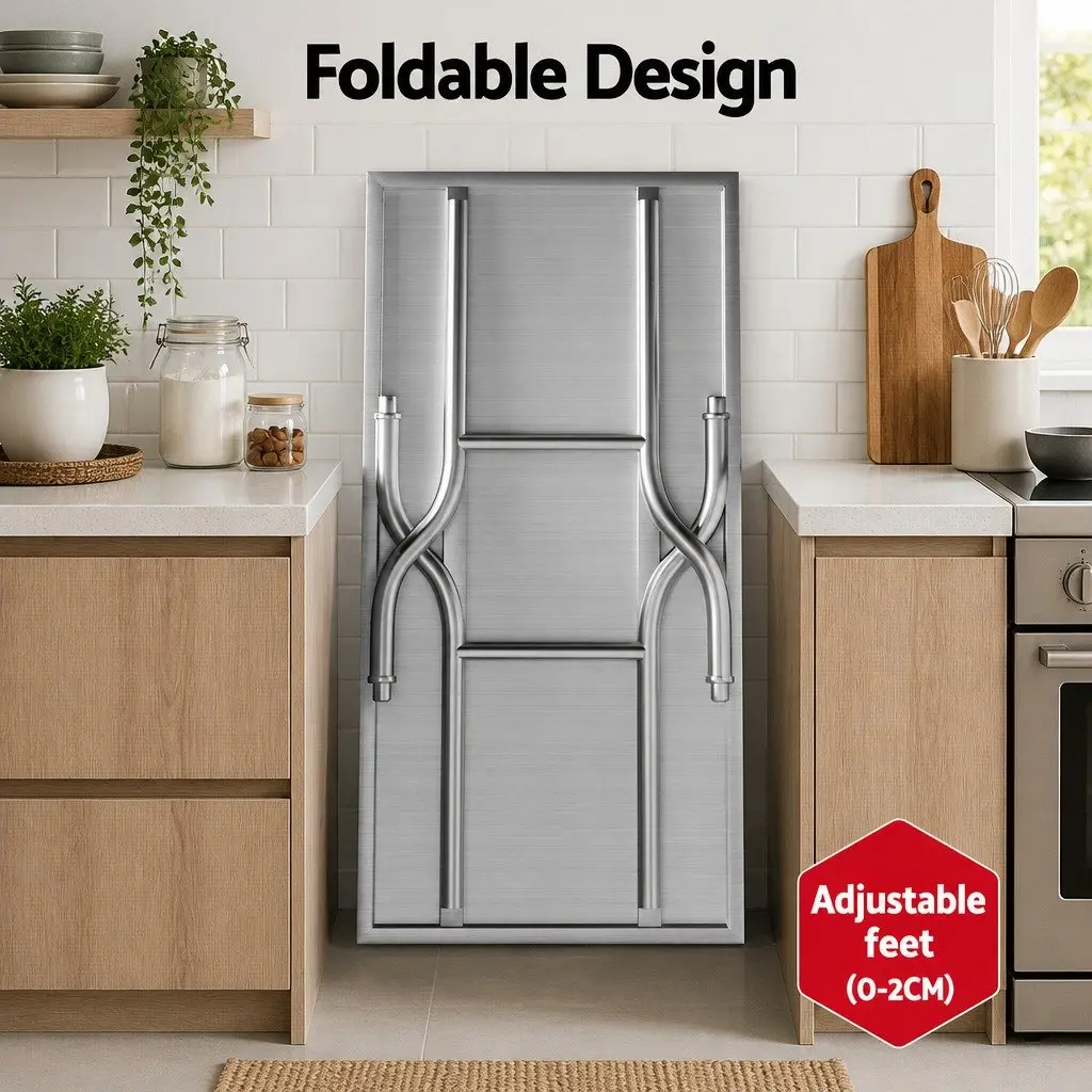 Stainless Steel Work Bench Silver Foldable Adjustable Feet Kitchen Food Prep Table