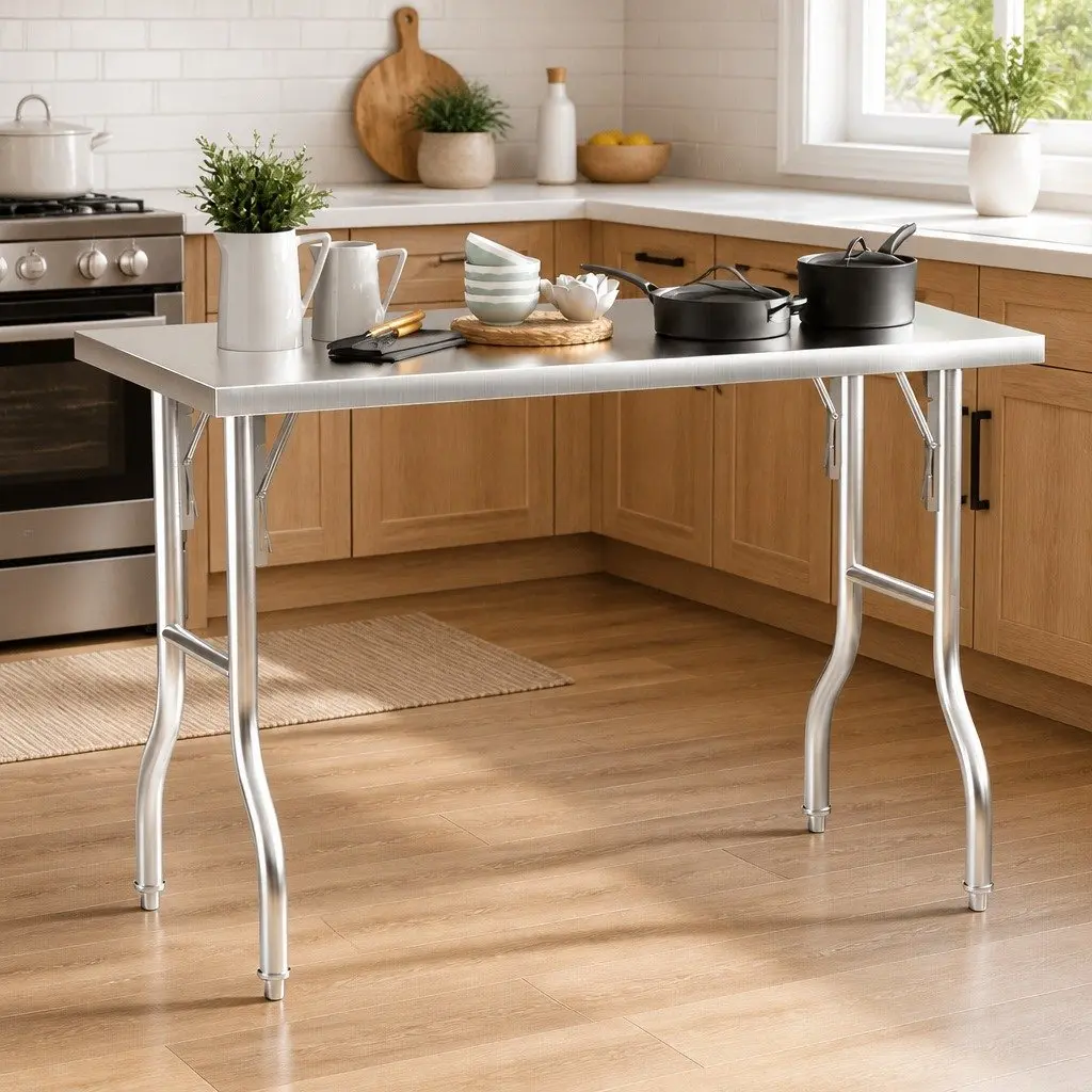Stainless Steel Work Bench Silver Foldable Adjustable Feet Kitchen Food Prep Table