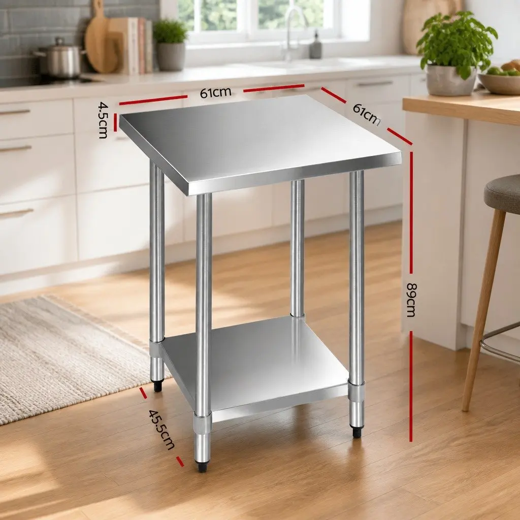 Stainless Steel Kitchen Work Bench Silver 610x610mm Commercial Grade Prep Table with Adjustable Under-Shelving and Bullet Feet