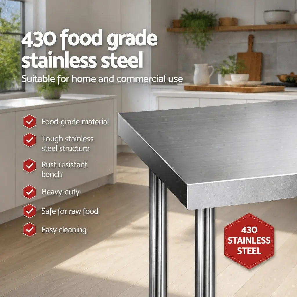 Stainless Steel Kitchen Work Bench Silver 610x610mm Commercial Grade Prep Table with Adjustable Under-Shelving and Bullet Feet