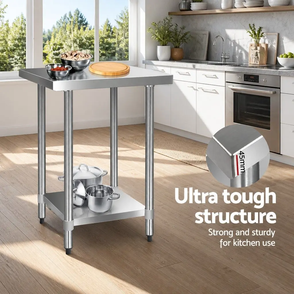 Stainless Steel Kitchen Work Bench Silver 610x610mm Commercial Grade Prep Table with Adjustable Under-Shelving and Bullet Feet