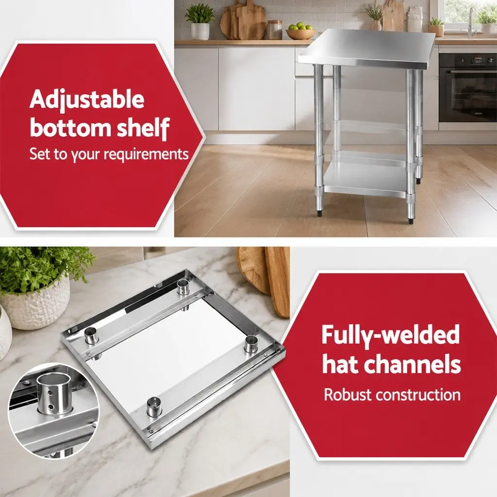 Stainless Steel Kitchen Work Bench Silver 610x610mm Commercial Grade Prep Table with Adjustable Under-Shelving and Bullet Feet