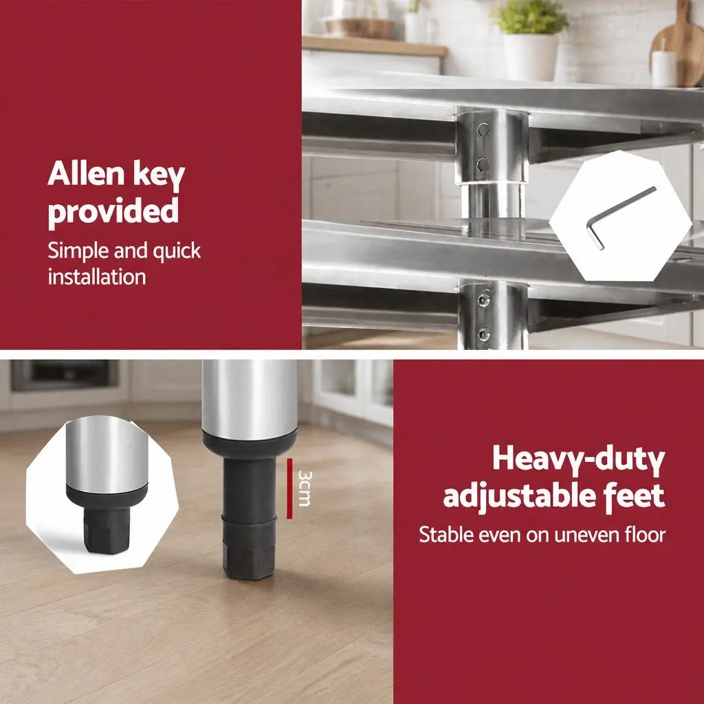 Stainless Steel Kitchen Work Bench Silver 610x610mm Commercial Grade Prep Table with Adjustable Under-Shelving and Bullet Feet