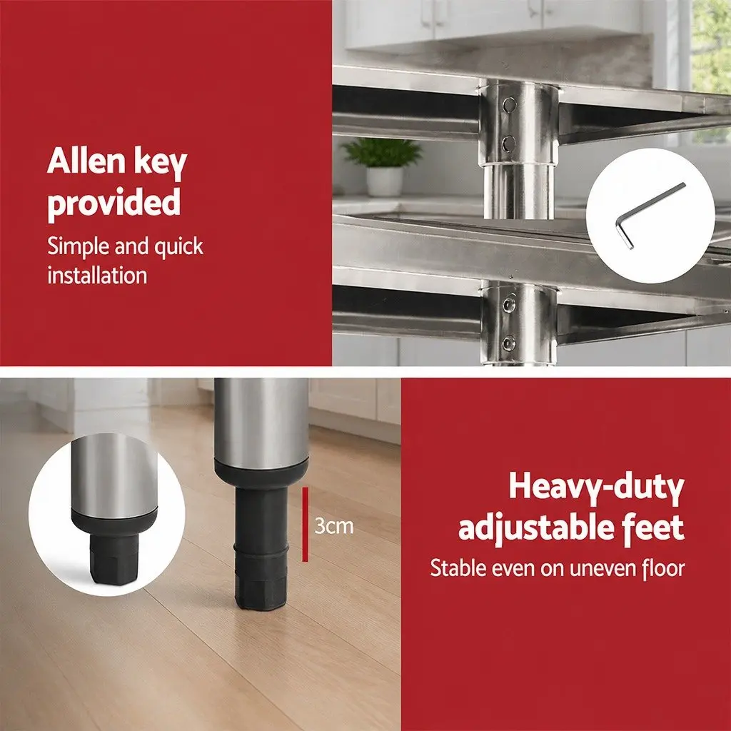 Stainless Steel Kitchen Work Bench Silver 610x610mm Commercial Grade Prep Table with Adjustable Under-Shelving and Bullet Feet