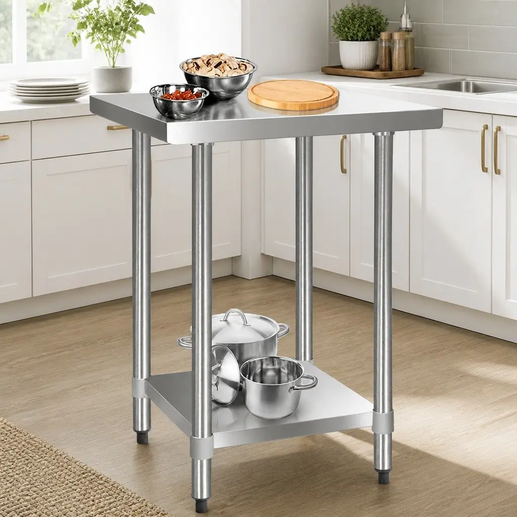 Stainless Steel Kitchen Work Bench Silver 610x610mm Commercial Grade Prep Table with Adjustable Under-Shelving and Bullet Feet