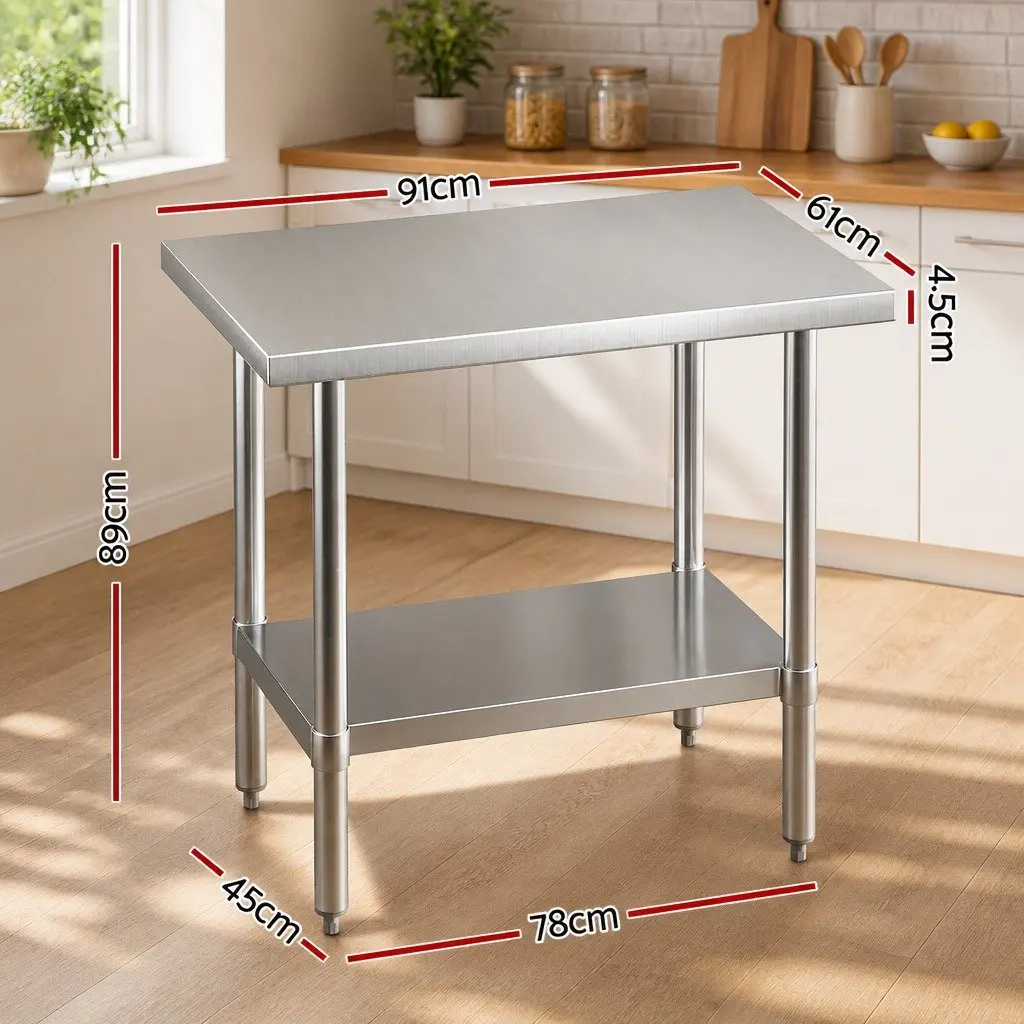 Stainless Steel Work Bench Silver 910x610mm Adjustable Under-Shelf