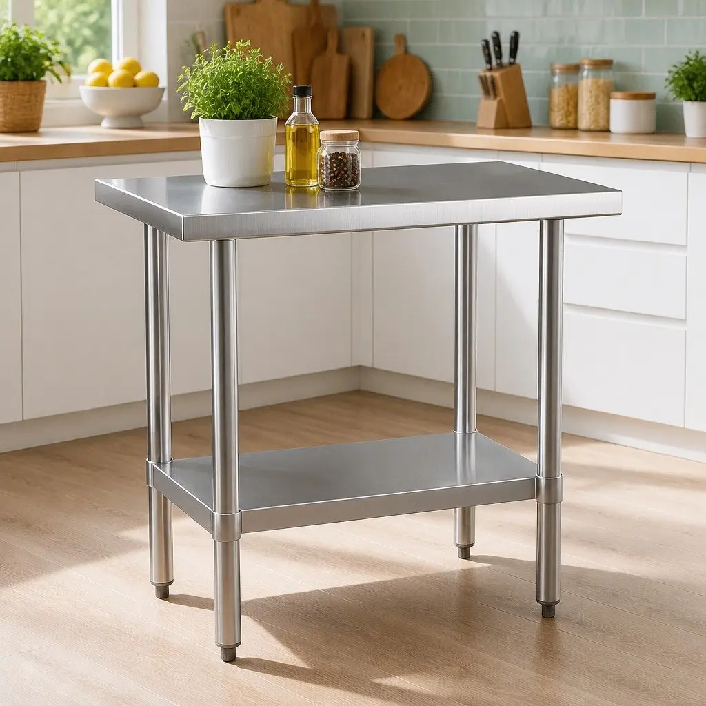 Stainless Steel Work Bench Silver 910x610mm Adjustable Under-Shelf