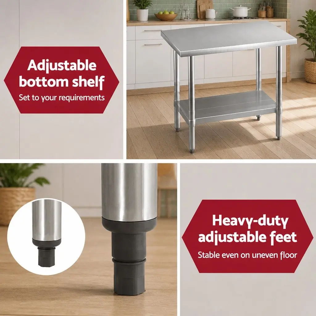 Stainless Steel Work Bench Silver 910x610mm Adjustable Under-Shelf