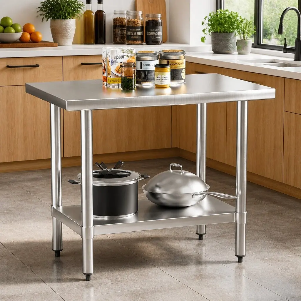 Stainless Steel Work Bench Silver 910x610mm Adjustable Under-Shelf