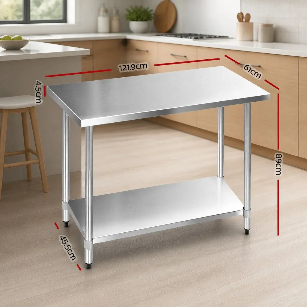 Stainless Steel Work Bench Silver 1219x610mm Heavy Duty Adjustable Shelving