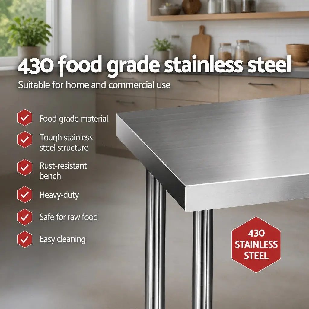 Stainless Steel Work Bench Silver 1219x610mm Heavy Duty Adjustable Shelving