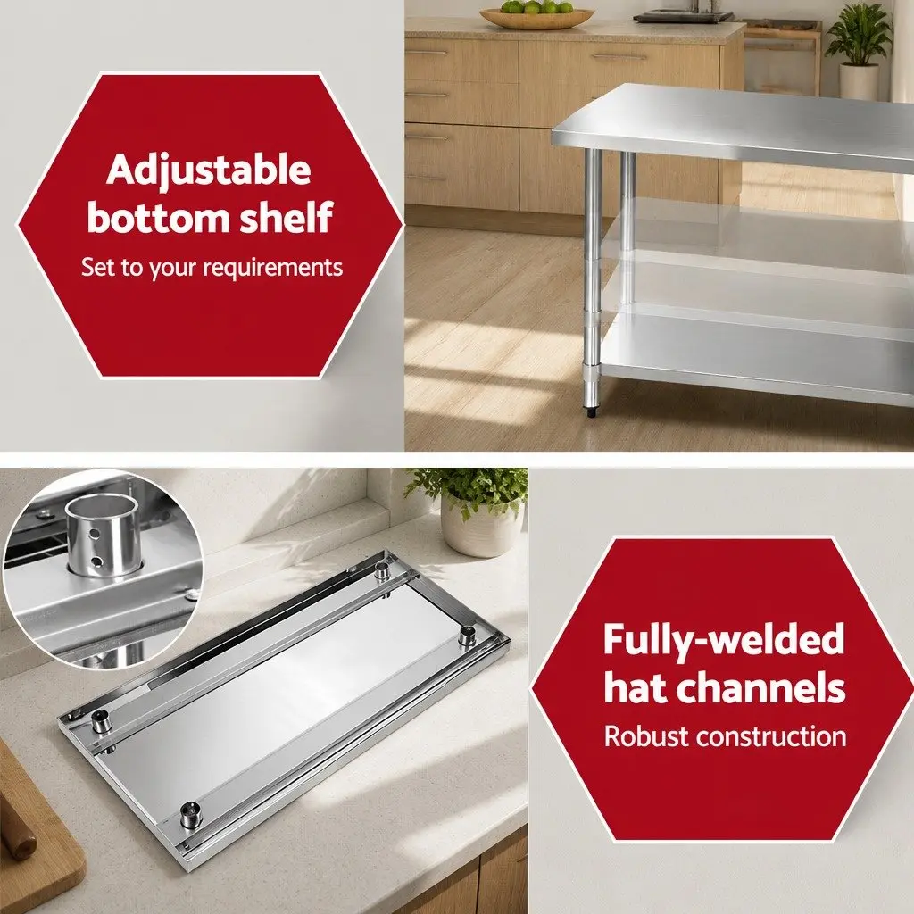 Stainless Steel Work Bench Silver 1219x610mm Heavy Duty Adjustable Shelving