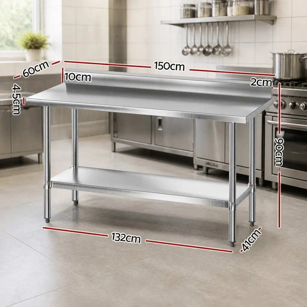 Stainless Steel Kitchen Bench Silver 1500x600mm Heavy Duty Prep Work Table with Integrated Splashback