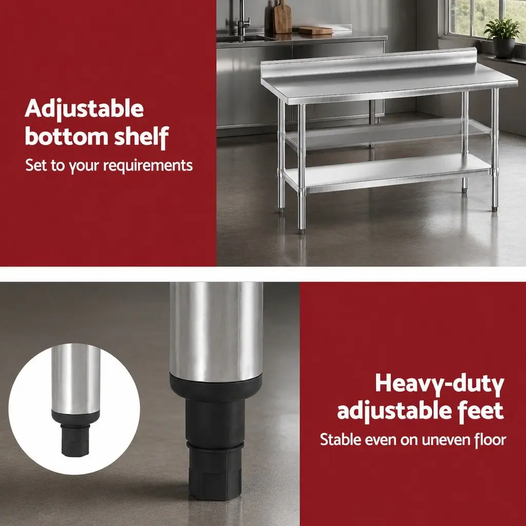 Stainless Steel Kitchen Bench Silver 1500x600mm Heavy Duty Prep Work Table with Integrated Splashback