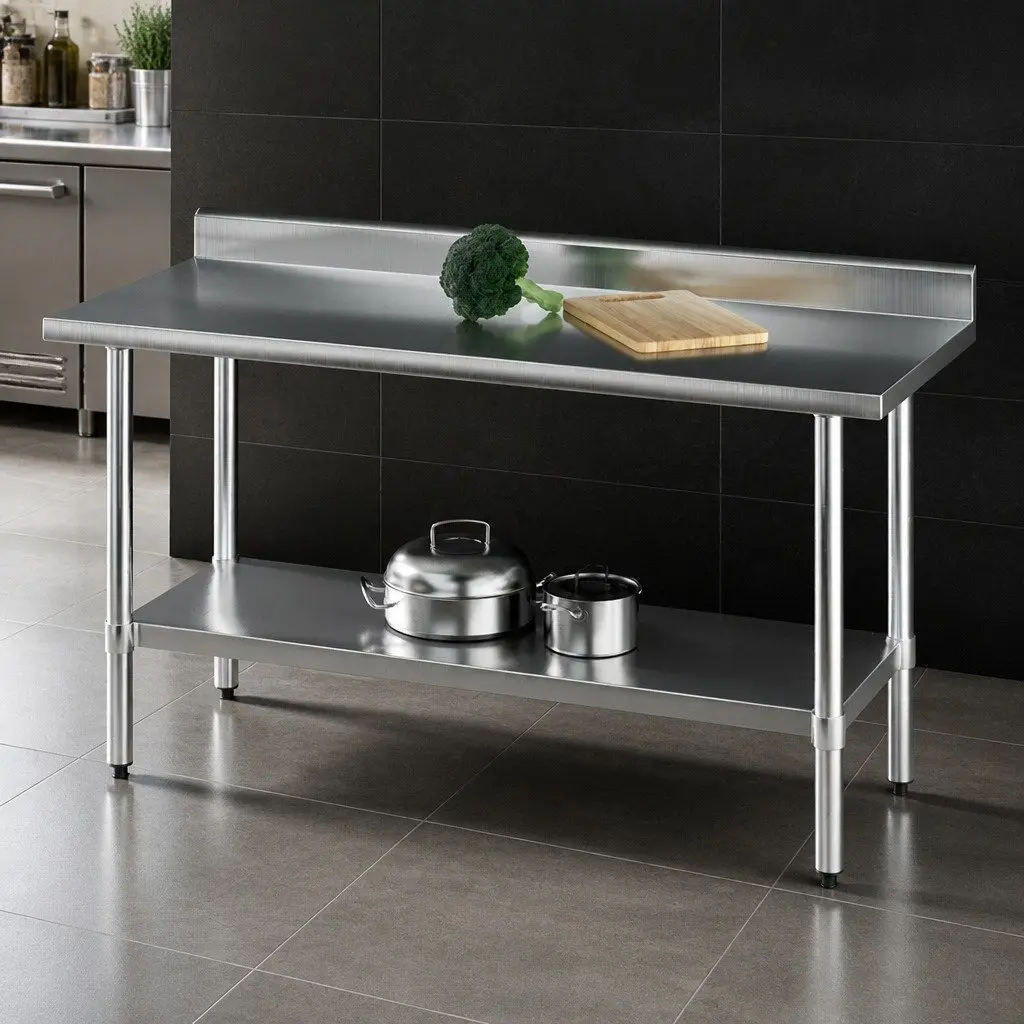 Stainless Steel Kitchen Bench Silver 1500x600mm Heavy Duty Prep Work Table with Integrated Splashback