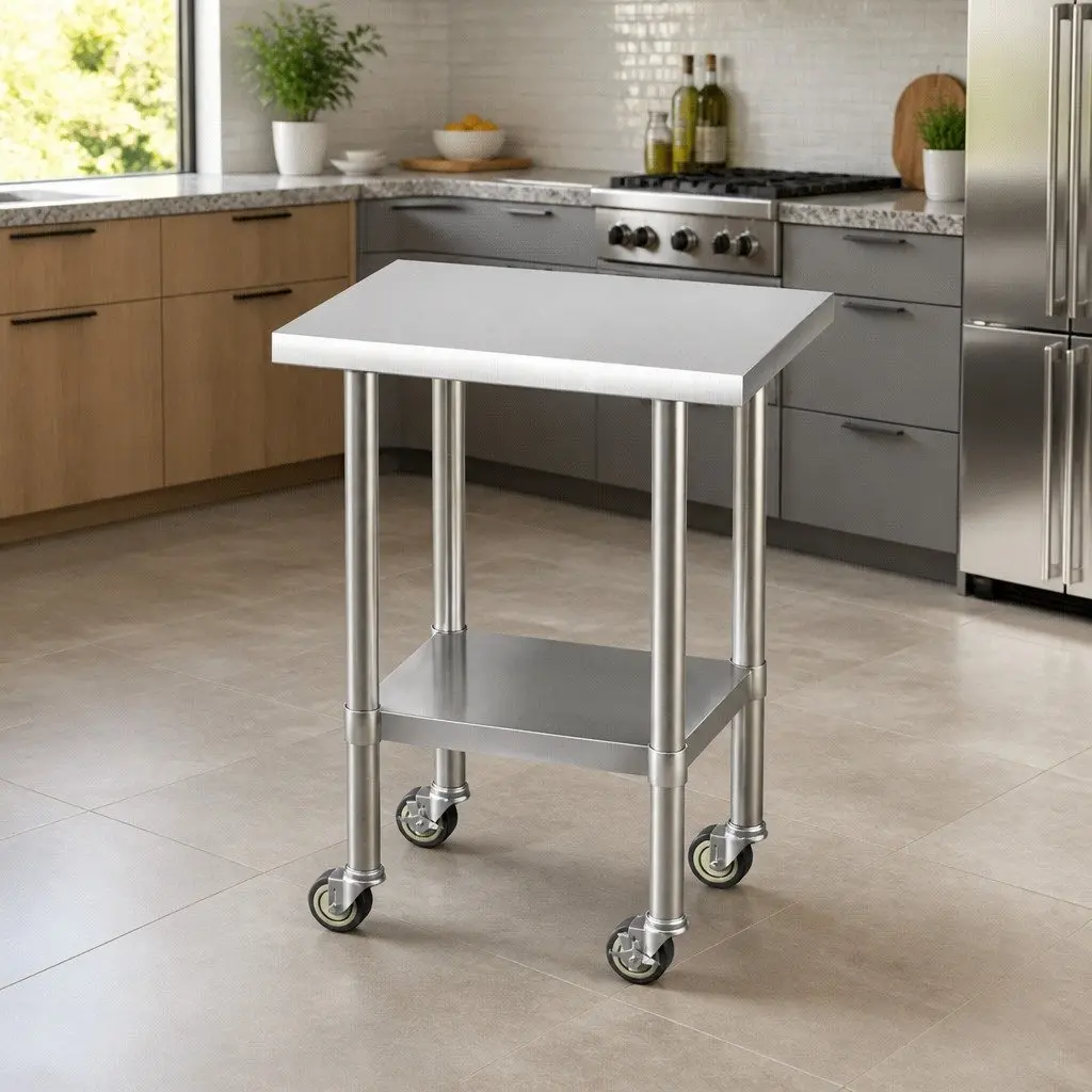 Stainless Steel Kitchen Work Bench Silver 61x46cm Adjustable Shelf with Wheels