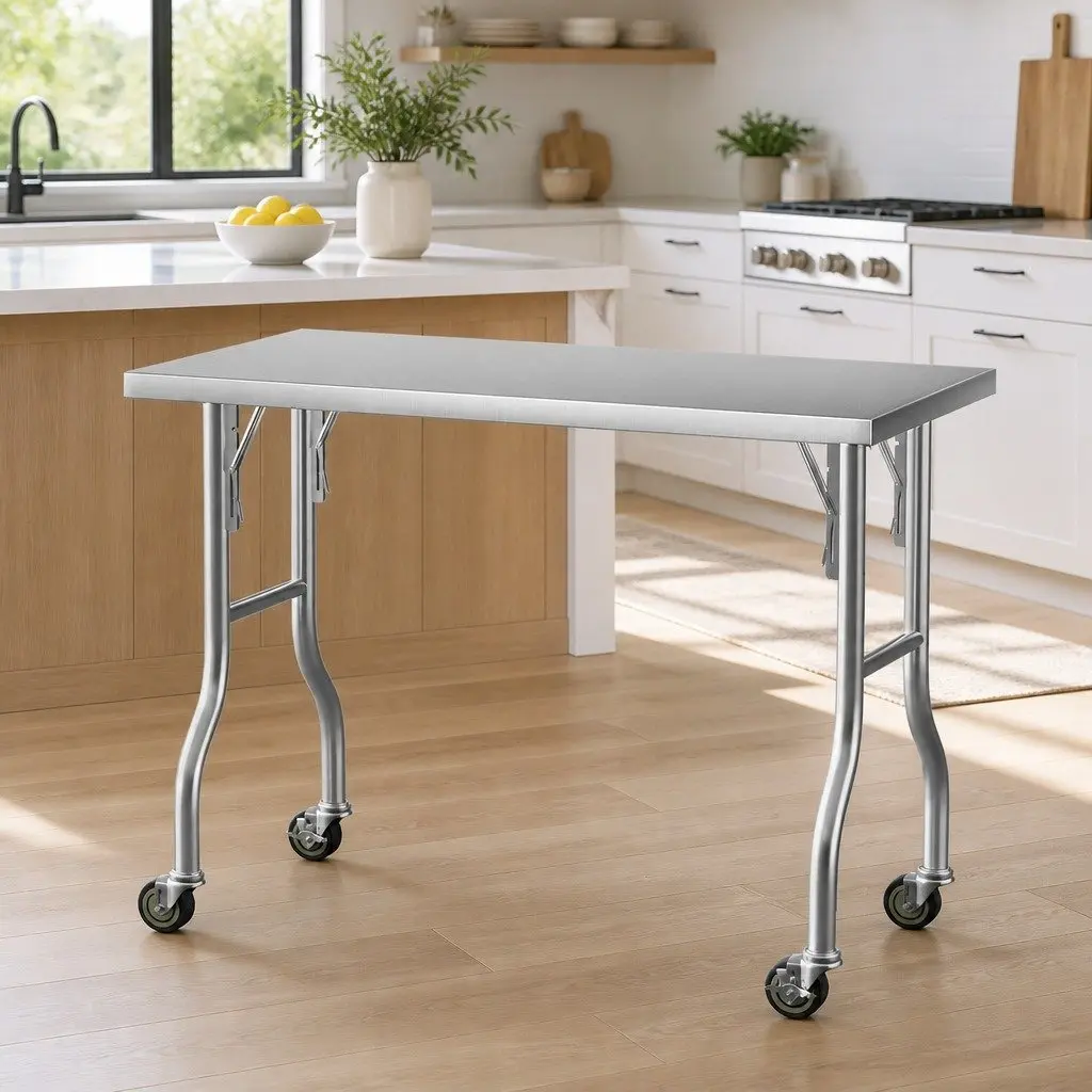 Stainless Steel Kitchen Work Bench Silver 122x61cm Foldable Legs with Wheels