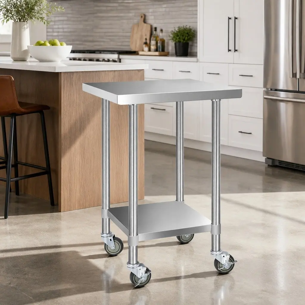 Stainless Steel Kitchen Work Bench Silver 610x610mm Mobile Trolley with Castor Wheels