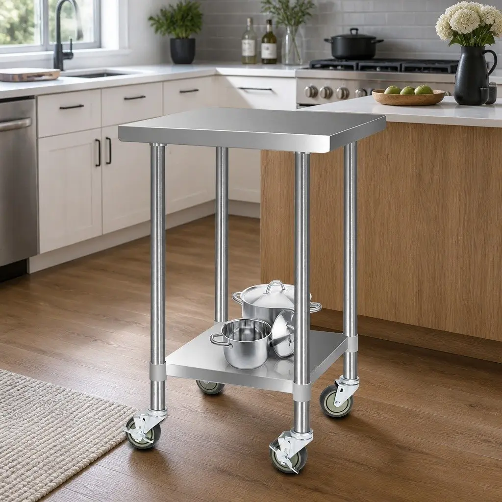 Stainless Steel Kitchen Work Bench Silver 610x610mm Mobile Trolley with Castor Wheels