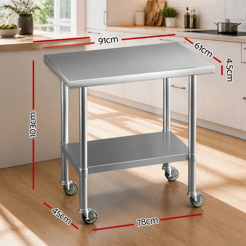 Stainless Steel Kitchen Work Bench Silver 91x61cm Adjustable Shelf on Wheels