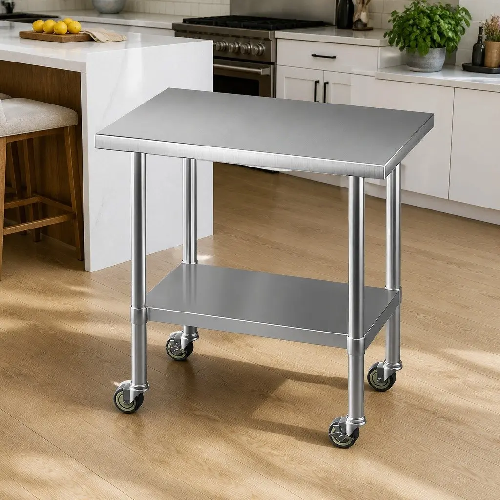Stainless Steel Kitchen Work Bench Silver 91x61cm Adjustable Shelf on Wheels