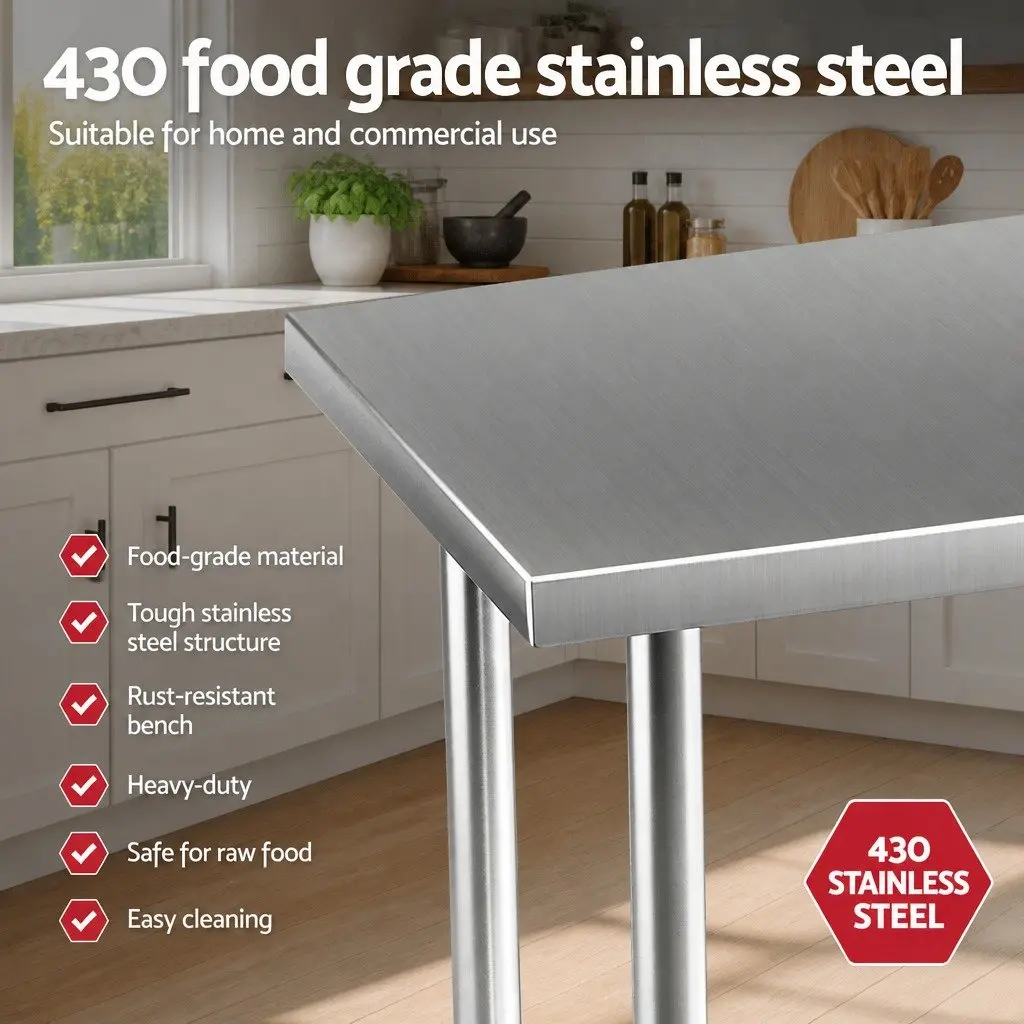 Stainless Steel Kitchen Work Bench Silver 91x61cm Adjustable Shelf on Wheels