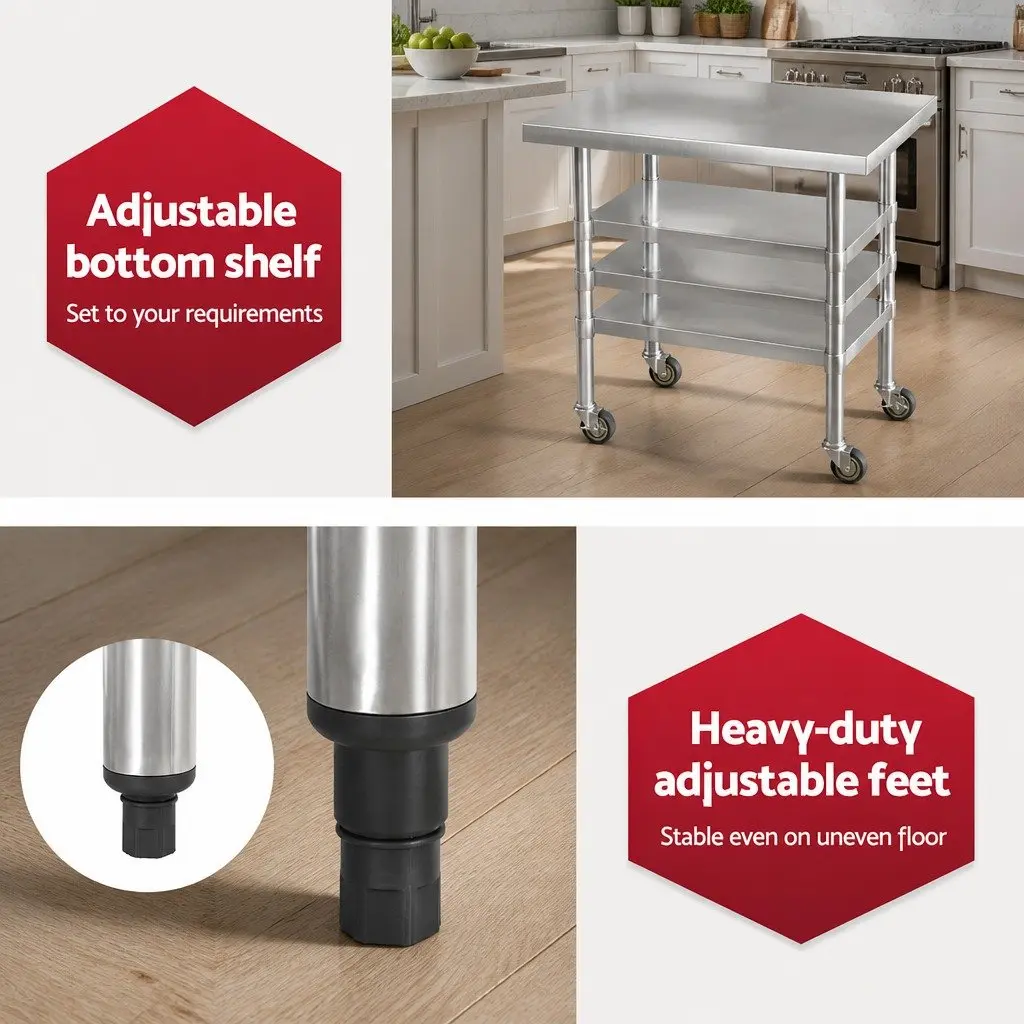 Stainless Steel Kitchen Work Bench Silver 91x61cm Adjustable Shelf on Wheels