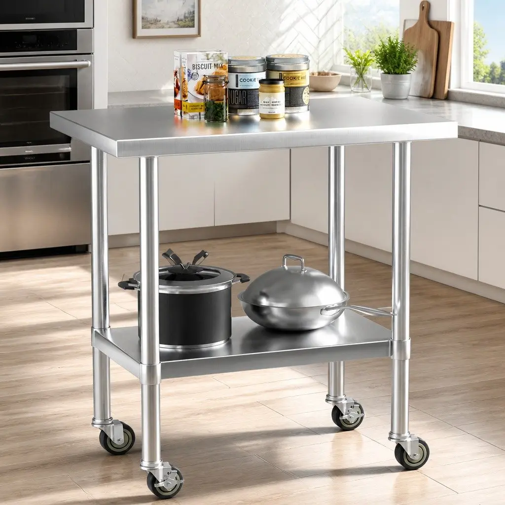 Stainless Steel Kitchen Work Bench Silver 91x61cm Adjustable Shelf on Wheels