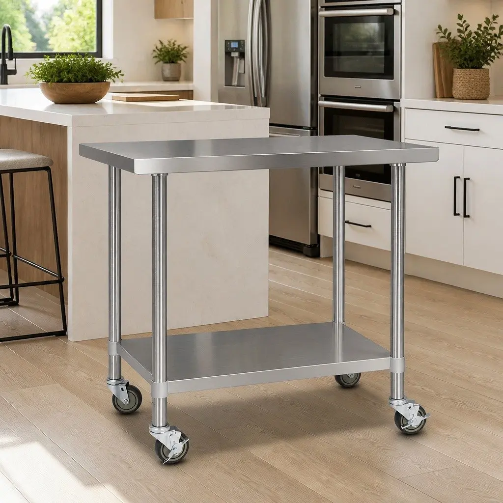 Stainless Steel Kitchen Bench Silver Adjustable Shelf Lockable Wheels