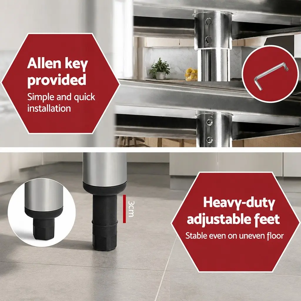 Stainless Steel Kitchen Bench Silver Adjustable Shelf Lockable Wheels