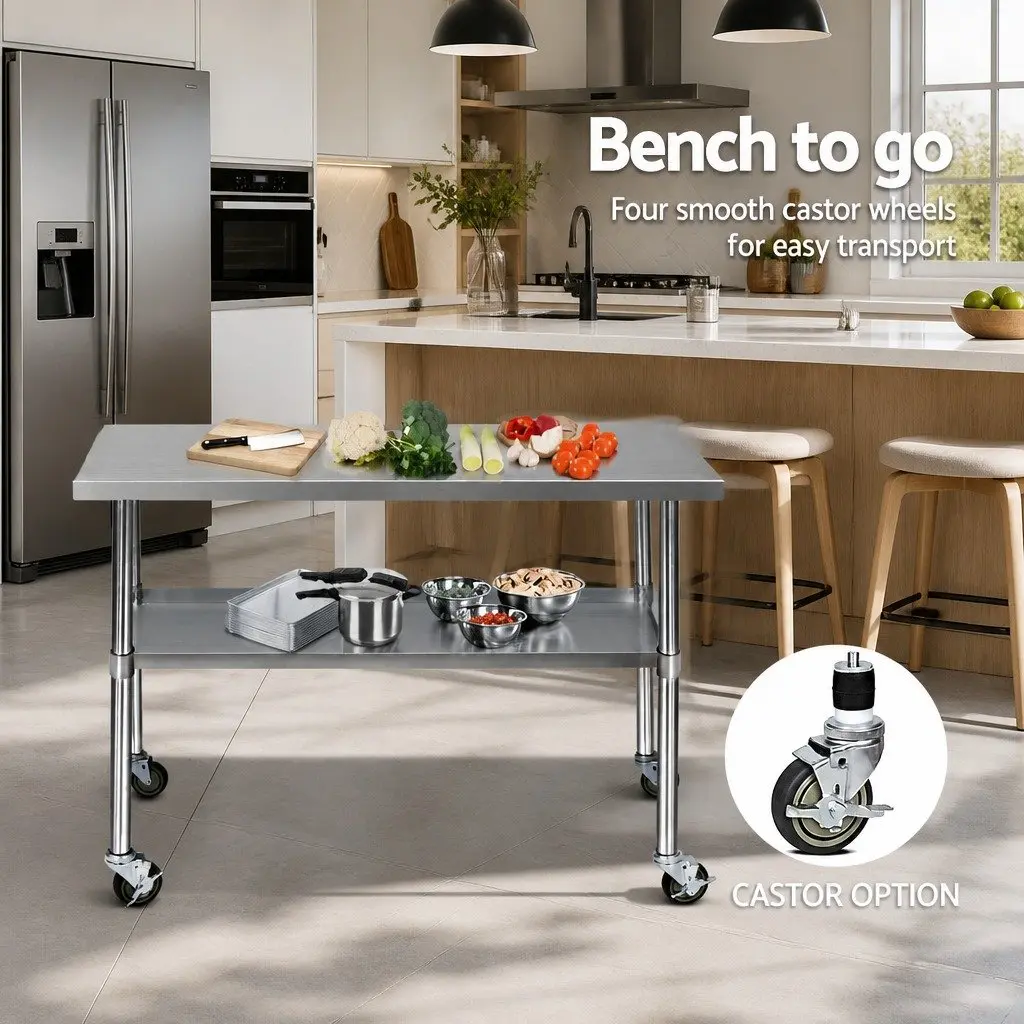 Stainless Steel Kitchen Bench Silver Adjustable Shelf Lockable Wheels