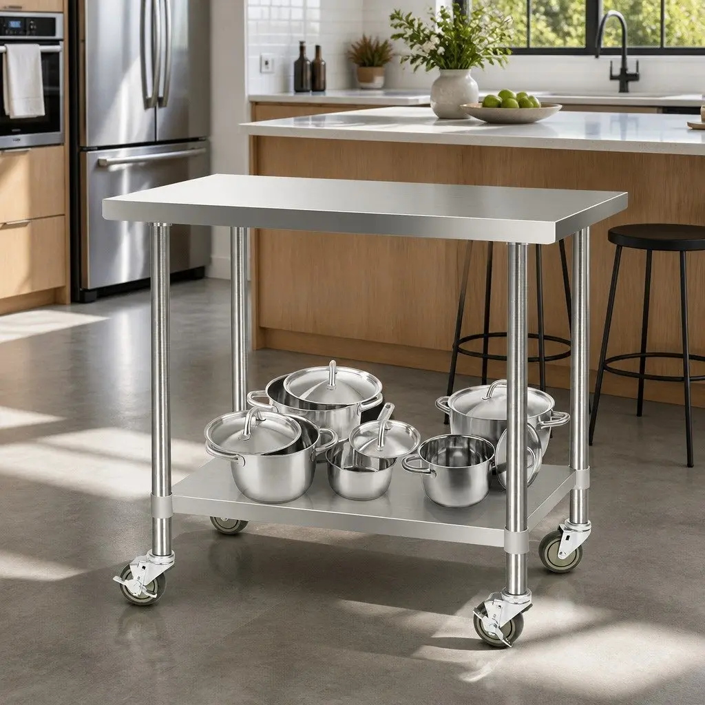 Stainless Steel Kitchen Bench Silver Adjustable Shelf Lockable Wheels
