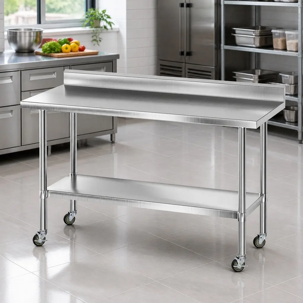 Stainless Steel Kitchen Work Bench Silver 1500x600mm Splashback Undershelf Prep Table