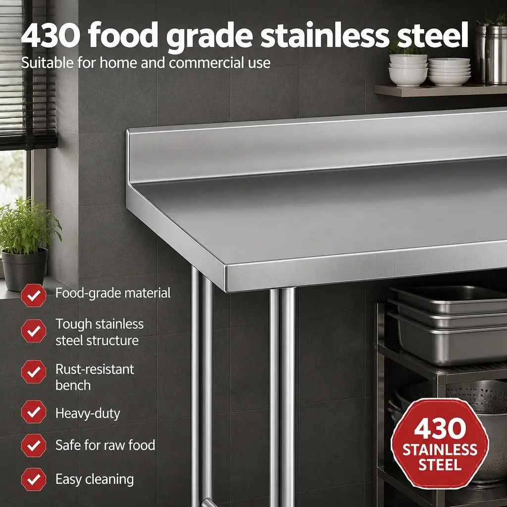 Stainless Steel Kitchen Work Bench Silver 1500x600mm Splashback Undershelf Prep Table