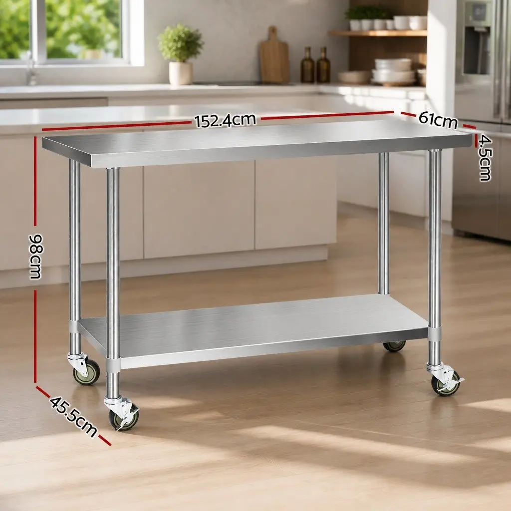 Stainless Steel Kitchen Bench Silver Adjustable Shelf Mobile Work Table with Wheels