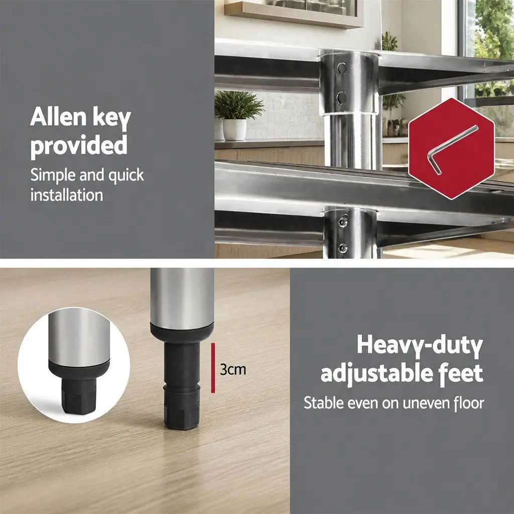 Stainless Steel Kitchen Bench Silver Adjustable Shelf Mobile Work Table with Wheels