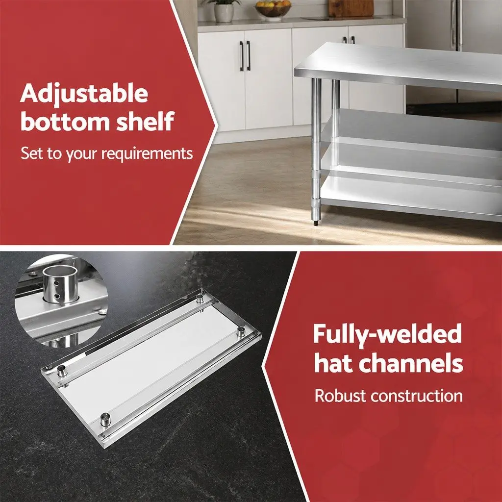 Stainless Steel Kitchen Bench Silver Adjustable Shelf Mobile Work Table with Wheels