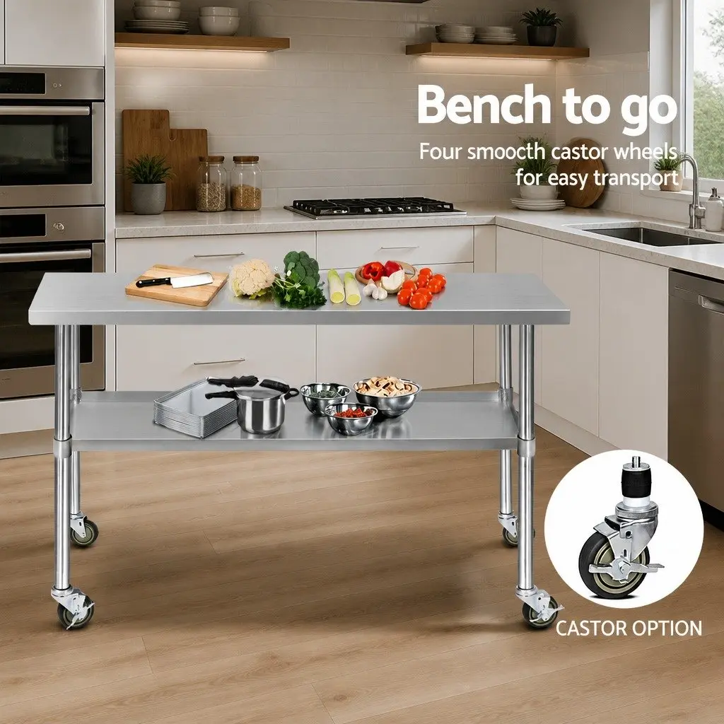Stainless Steel Kitchen Bench Silver Adjustable Shelf Mobile Work Table with Wheels