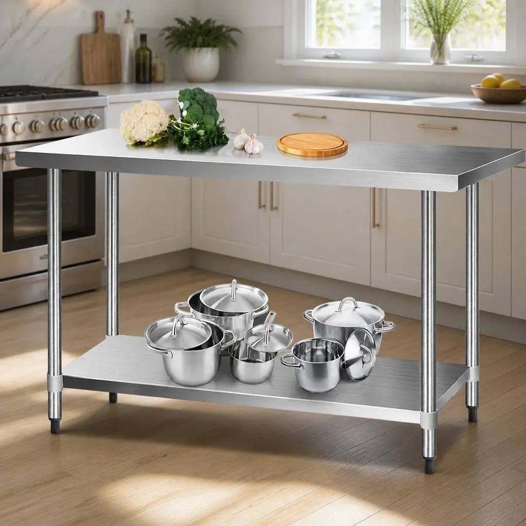 Stainless Steel Kitchen Bench Silver Adjustable Shelf Mobile Work Table with Wheels