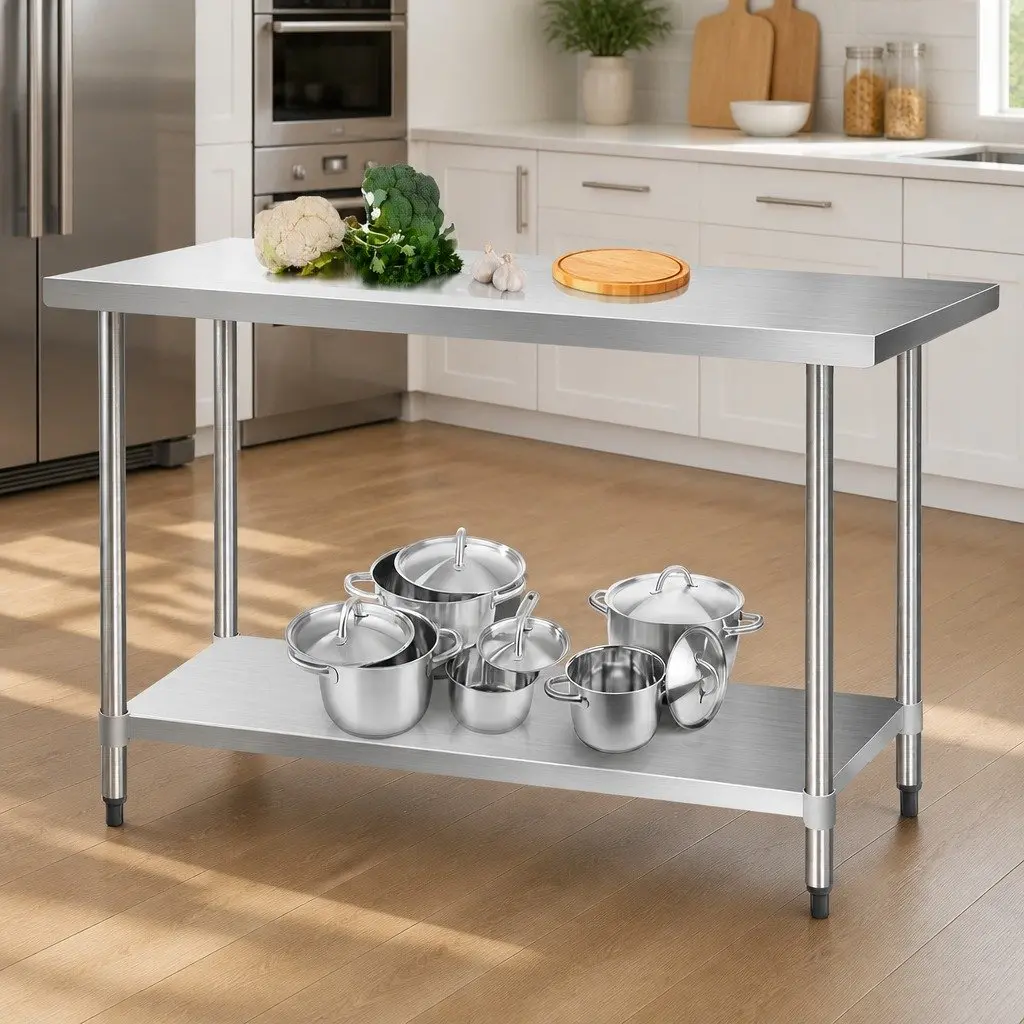 Stainless Steel Kitchen Bench Silver Adjustable Shelf Mobile Work Table with Wheels