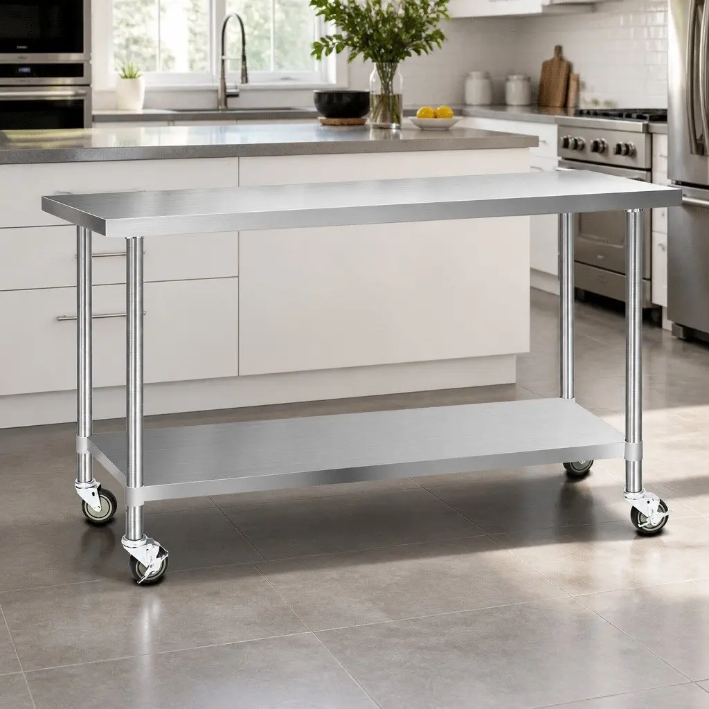 Stainless Steel Kitchen Bench Mobile Work Table 1829mm Adjustable Shelving Lockable Castor Wheels