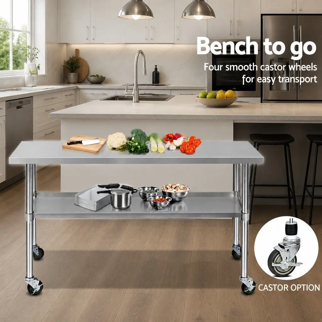 Stainless Steel Kitchen Bench Mobile Work Table 1829mm Adjustable Shelving Lockable Castor Wheels